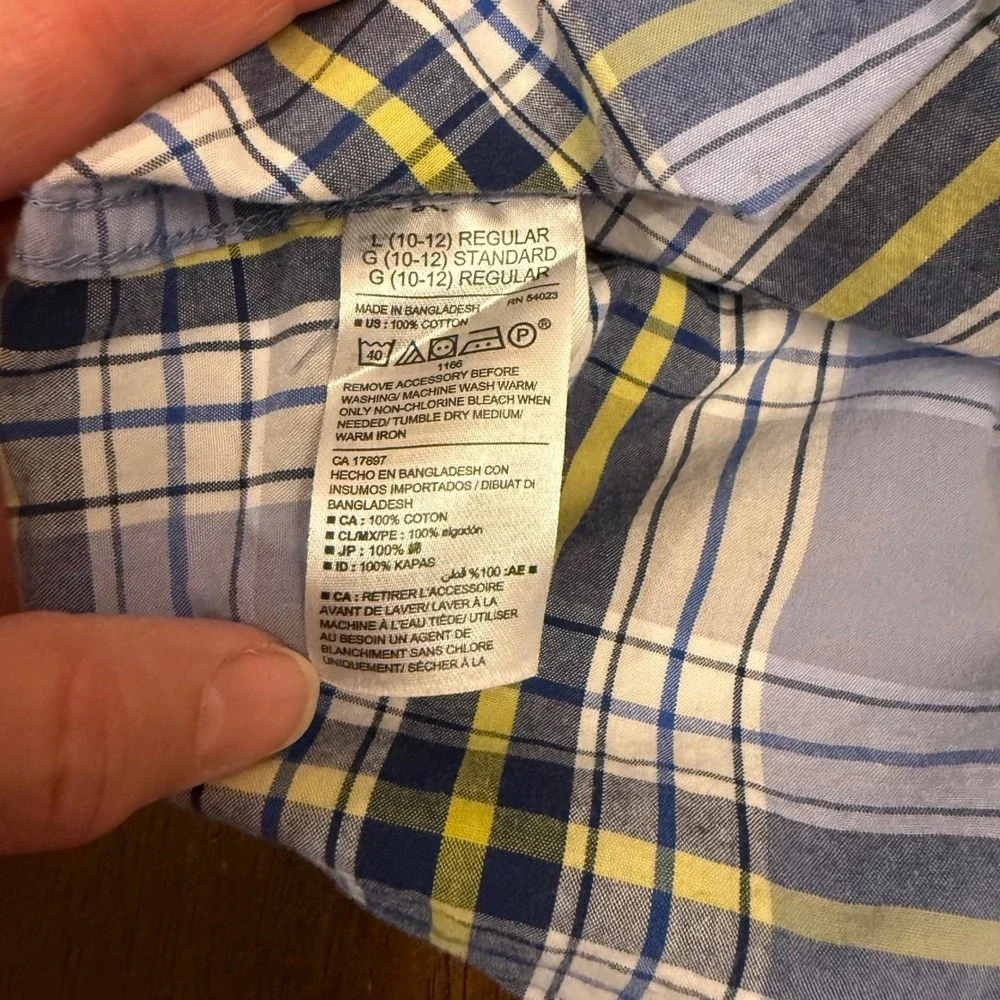 Old Navy Plaid Long Sleeve Button Up‎ Shirt Kids Size L G 10/12 Blue Yellow